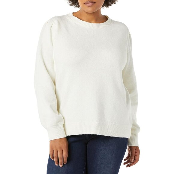 Sweaters - Elegant Women's Soft-Touch Crewneck Sweater with Pleated Shoulders - Ivory, XS